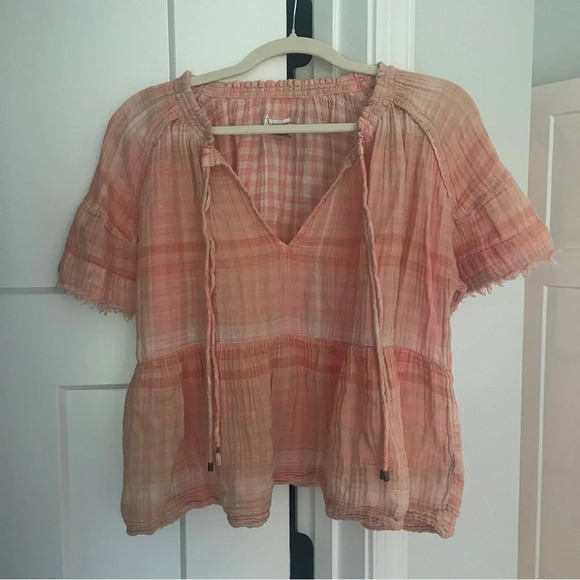 Anthropologie Pilcro The Bette Babydoll Orange Peplum V Neck Blouse Stripe - Picture 2 of 5